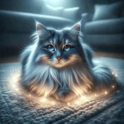 The primary subject of the image is a cat with long hair, sitting on a bed. The cat appears to be looking at the camera, and its eyes are glowing. The setting is a bedroom, with a bed visible in the background. The visual style is a digital art or illustration, creating a surreal and captivating atmosphere. The dominant colors are blue and white, with the cat's eyes being the focal point of the image.